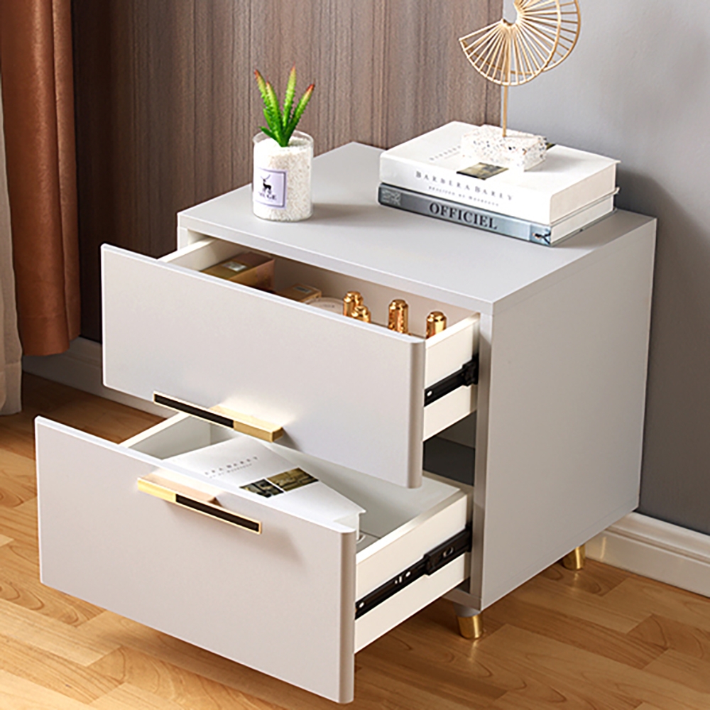 HMR - 2-Drawer Nightstand with Gold Pulls in Grayish White