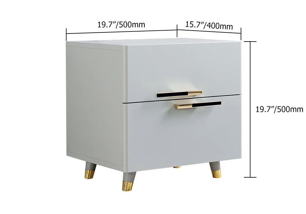 HMR - 2-Drawer Nightstand with Gold Pulls in Grayish White