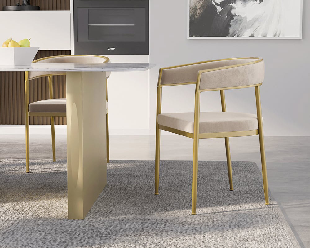 HMR Modern Dining Chair with Upholstered Curved Back - Beige, Velvet