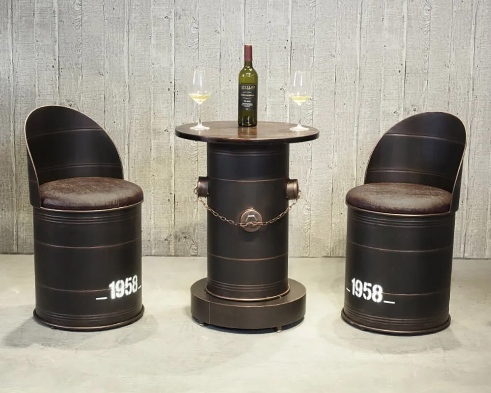 HMR - Drumbon PU Leather Industrial Bar Stool with Backs (Set of 2) in Brown