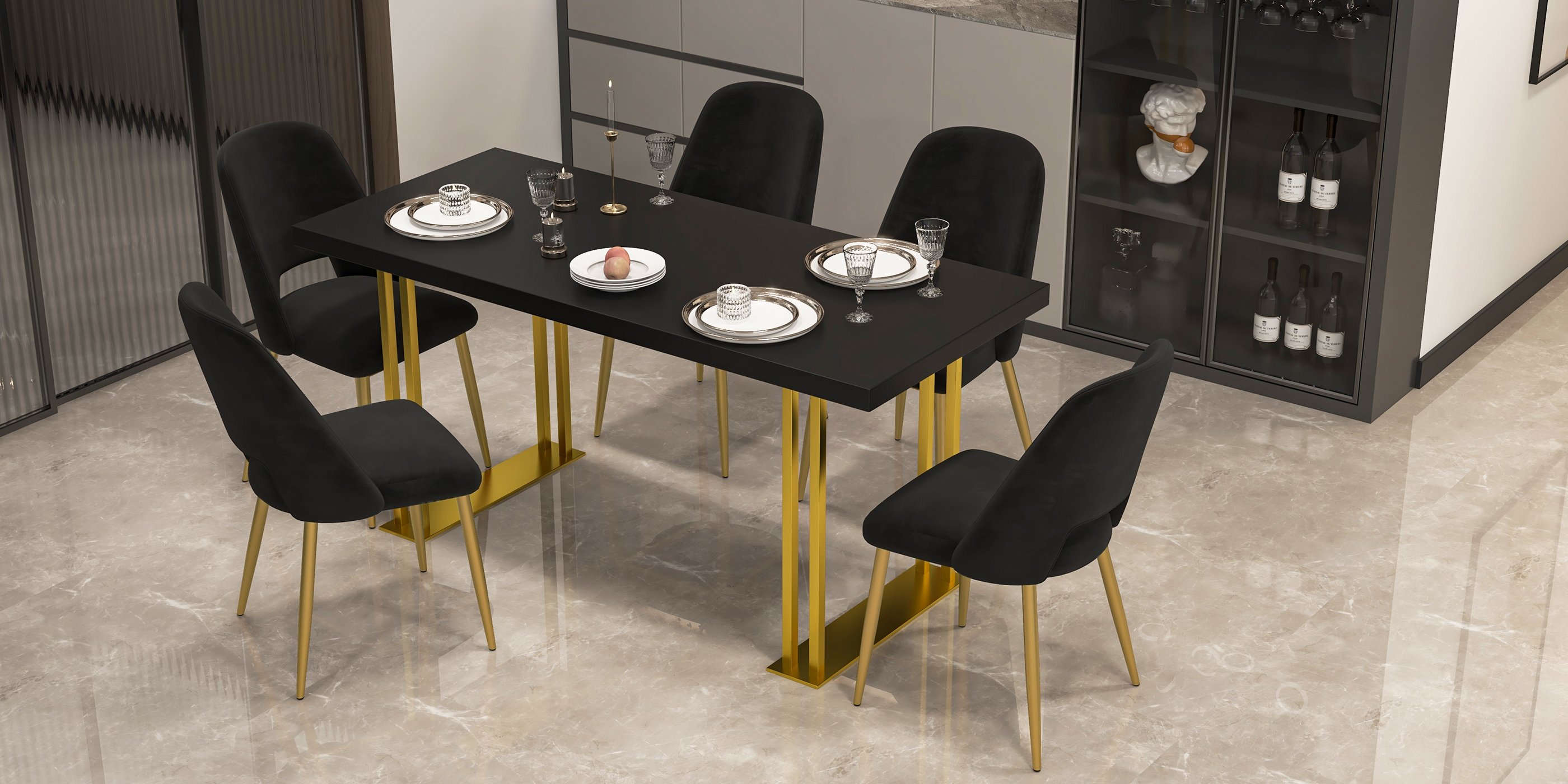 HMR Set of 2 Mid-Century Modern Dining Chairs Velvet Upholstery - Black
