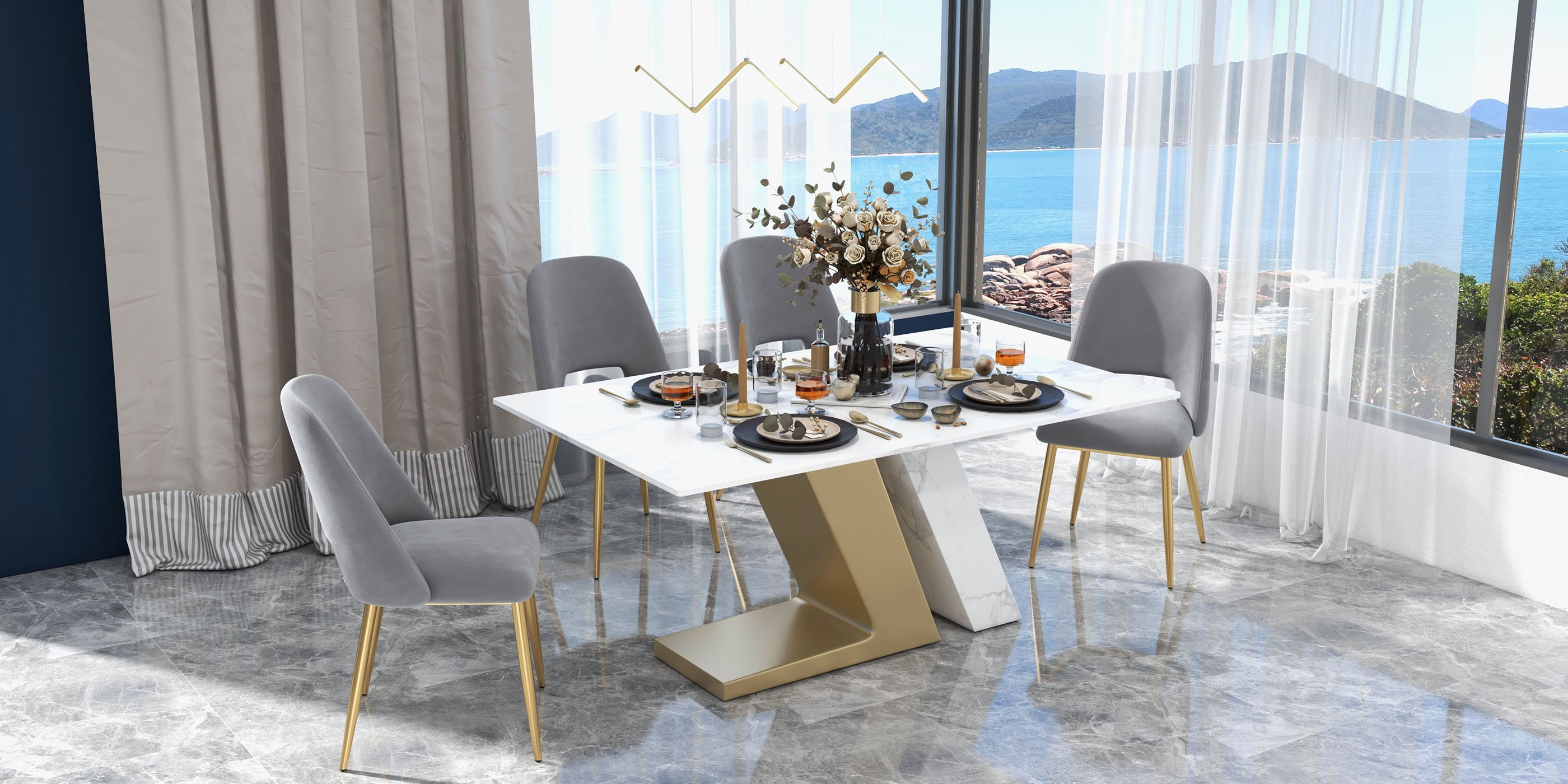 HMR Set of 2 Mid-Century Modern Dining Chairs Velvet Upholstery - Gray