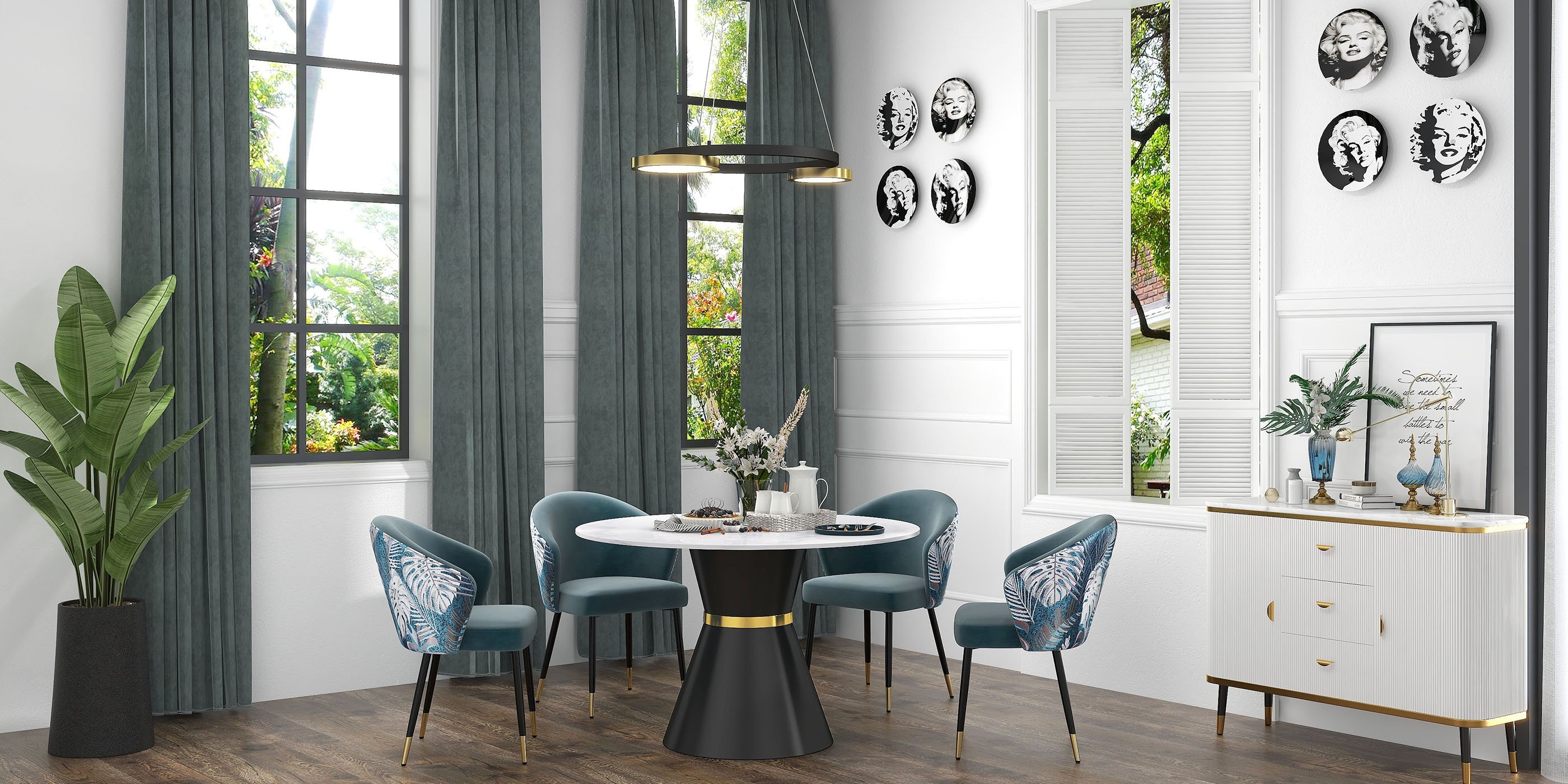 HMR Modern Dining Chairs with Velvet Upholstery - Greenish Blue, 1-Piece