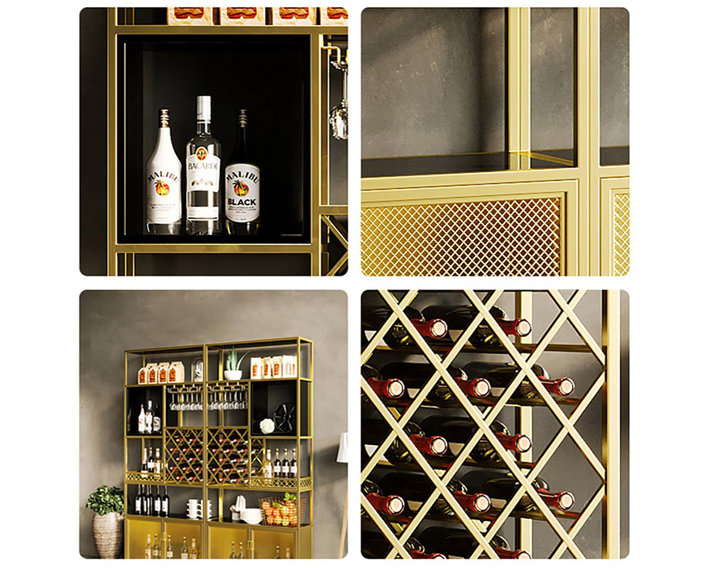 HMR Industrial Bar Wine Rack Cabinet with Glass Holder - Gold, Style A