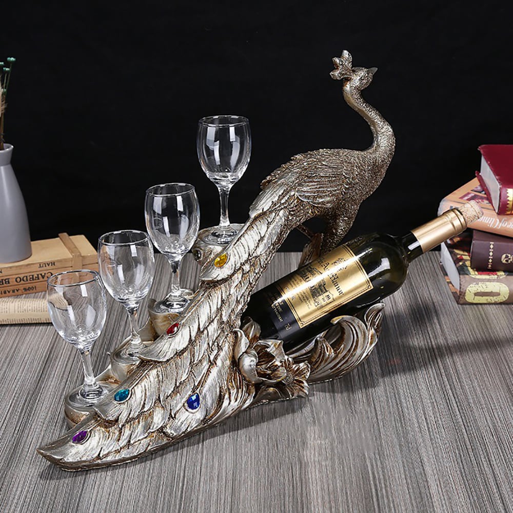 HMR - Modern Peacock Wine Glass Rack Tabletop Wine Bottle Holder in Antique Silver