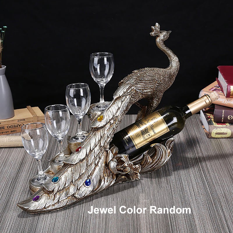 HMR - Modern Peacock Wine Glass Rack Tabletop Wine Bottle Holder in Antique Silver