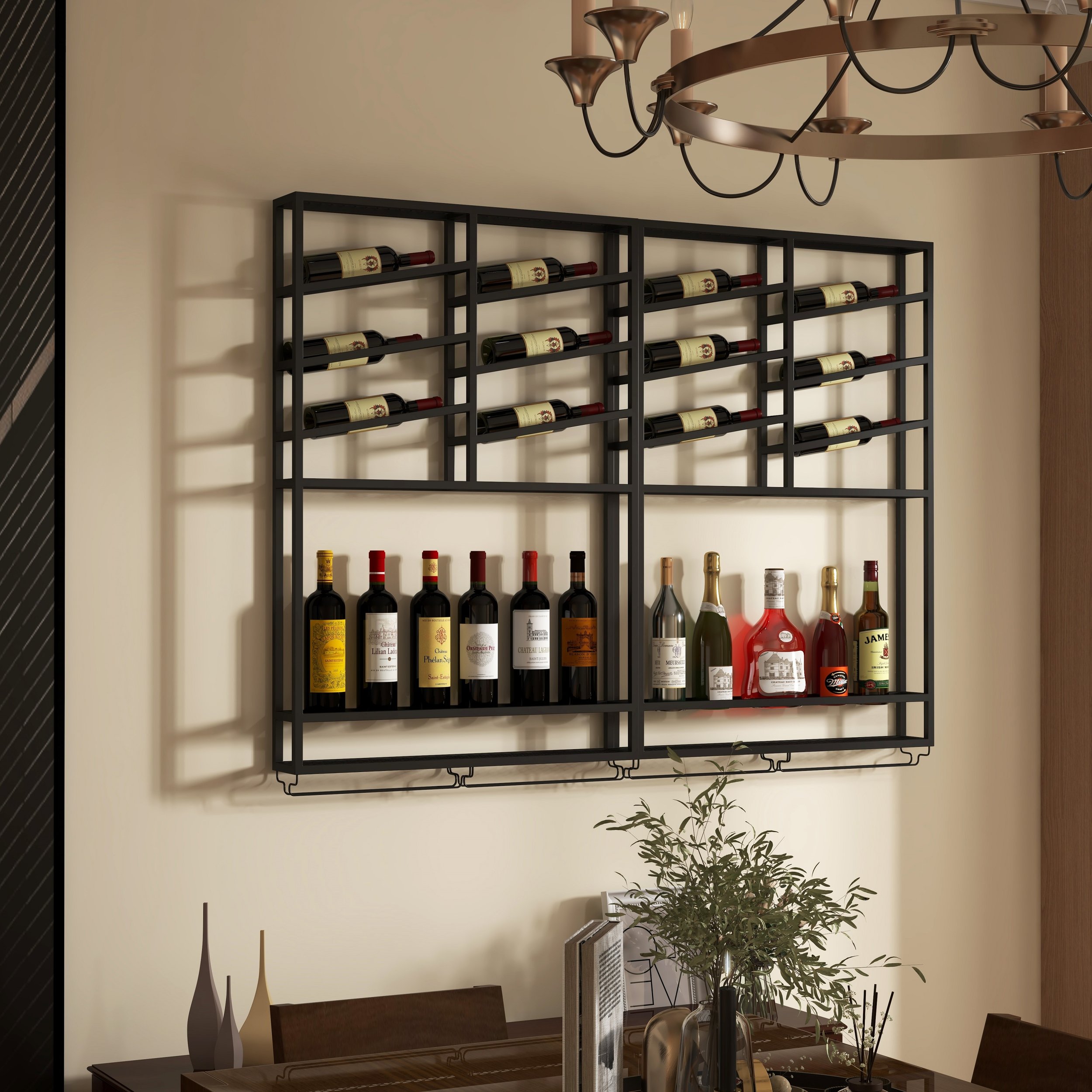HMR Industrial Wall Mounted Wine Rack with Bottle Rack - Black