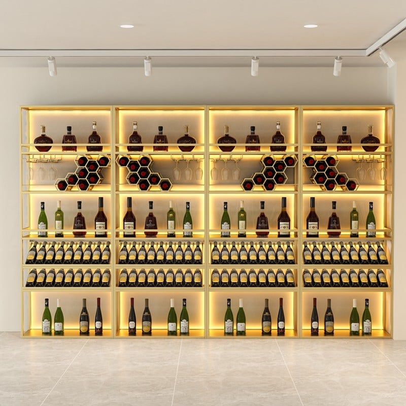 HMR - Contemporary Standing Honeycomb Wine Rack with Glass Rack in Gold, Style A