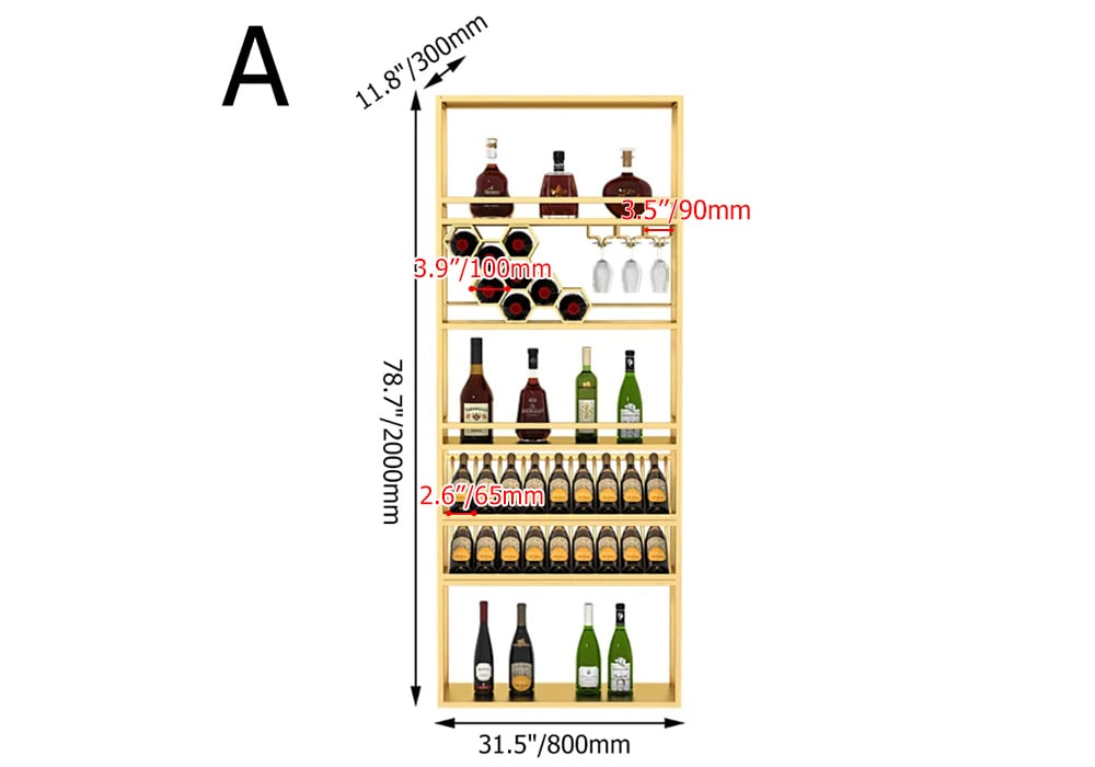 HMR - Contemporary Standing Honeycomb Wine Rack with Glass Rack in Gold, Style A