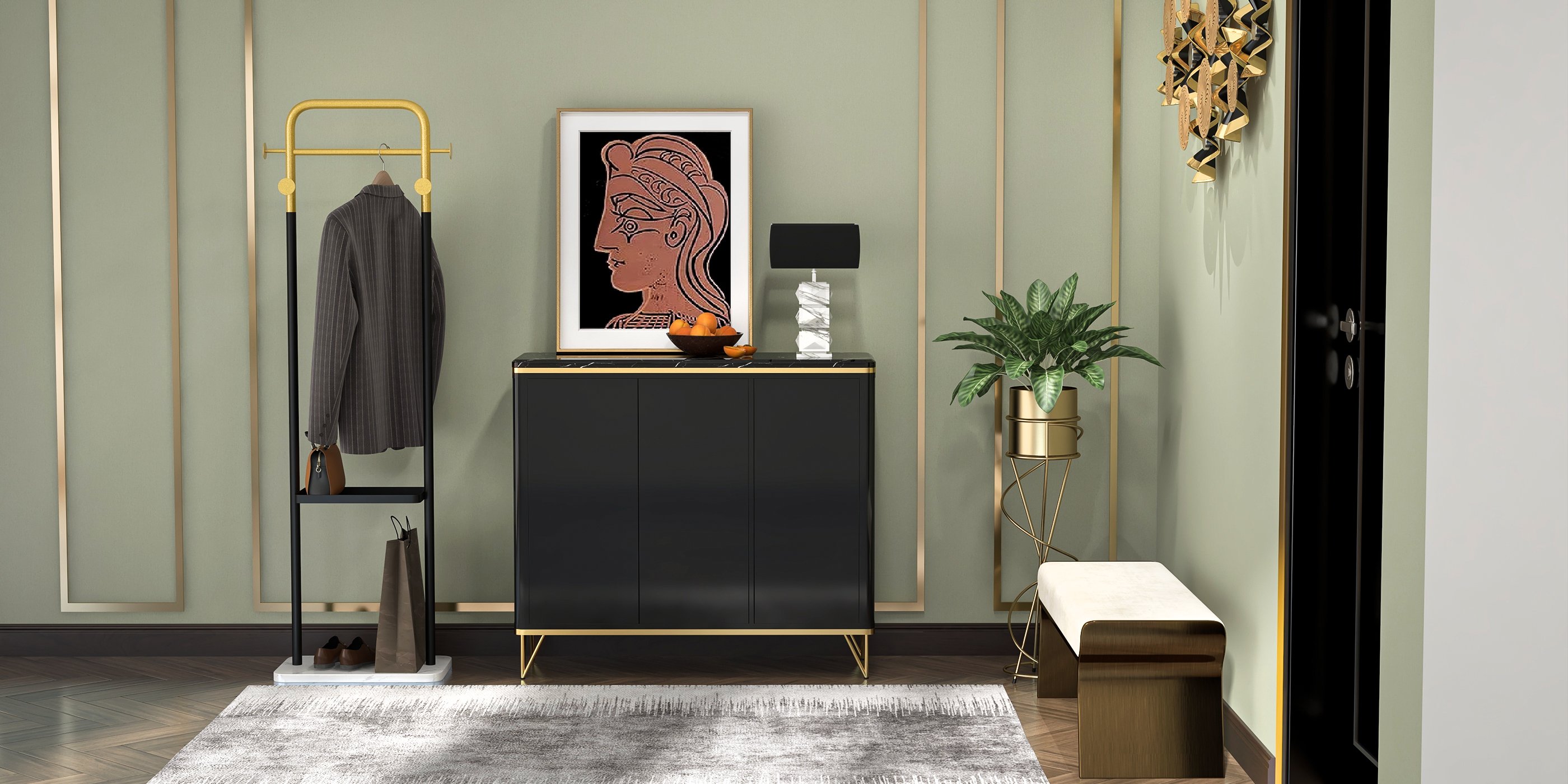 HMR - Modern Shoe Storage Cabinet with 3 Doors and 8 Shelves (for 20 Pairs) in Gold