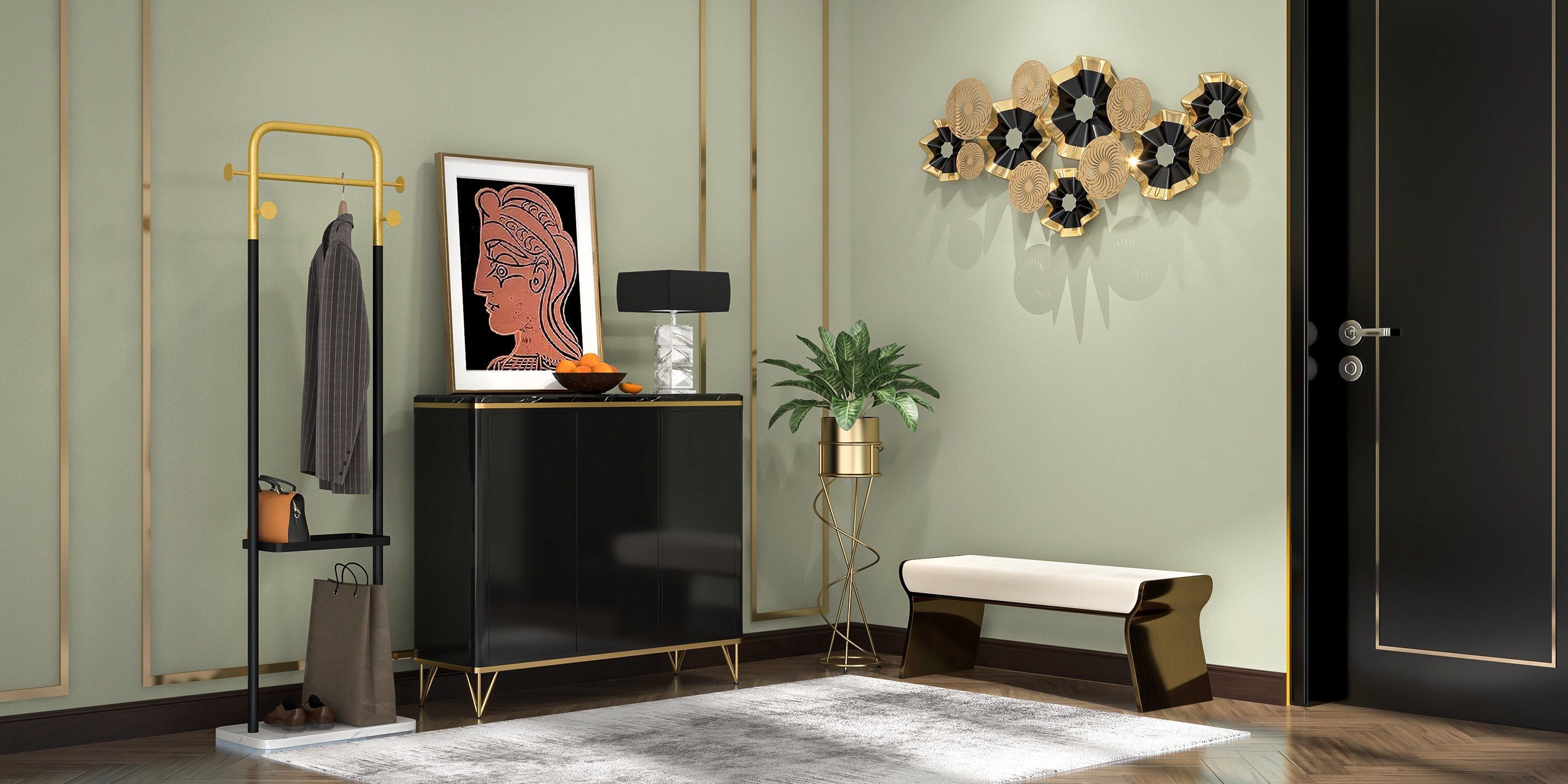 HMR - Modern Shoe Storage Cabinet with 3 Doors and 8 Shelves (for 20 Pairs) in Gold