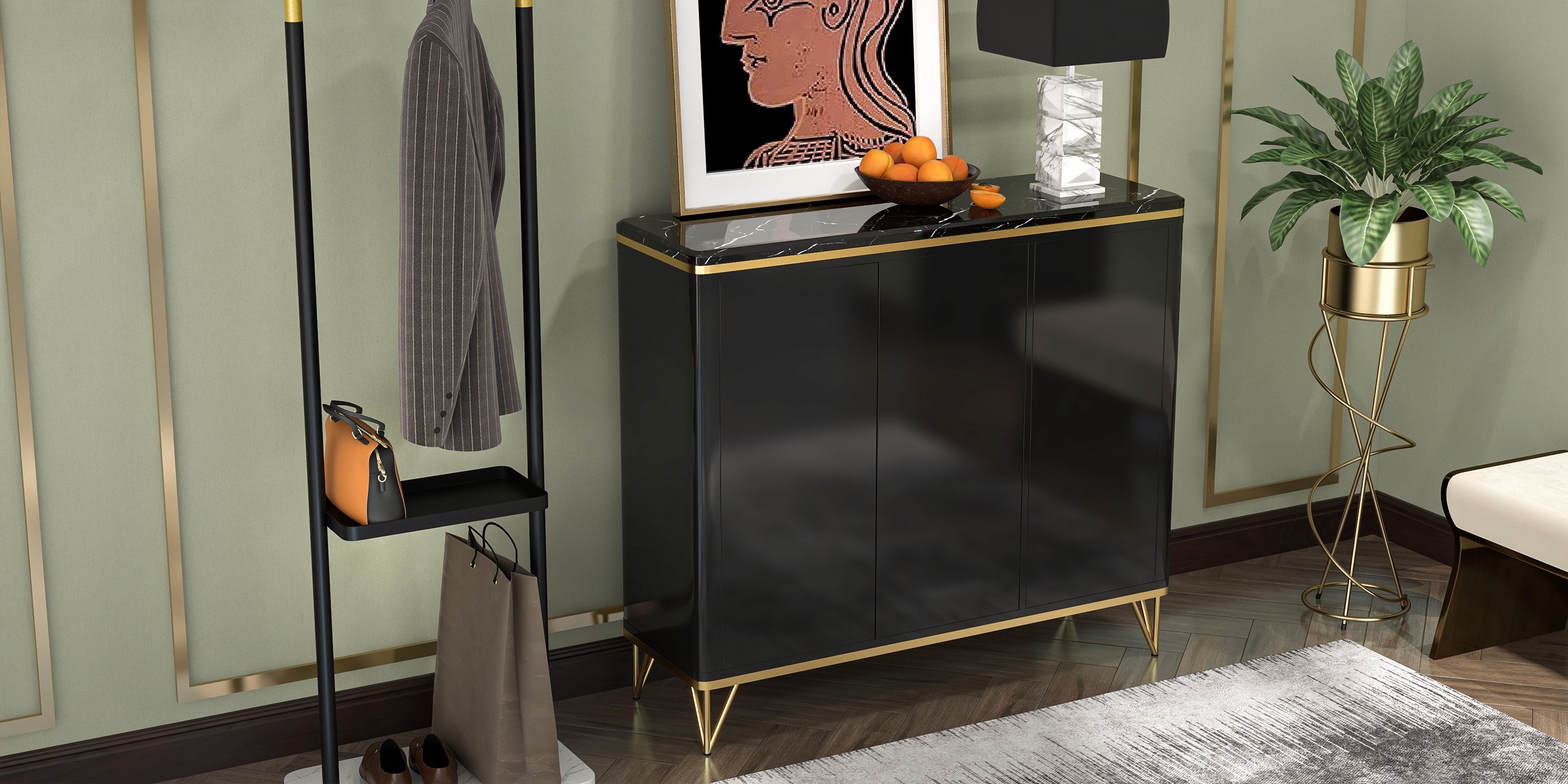 HMR - Modern Shoe Storage Cabinet with 3 Doors and 8 Shelves (for 20 Pairs) in Gold