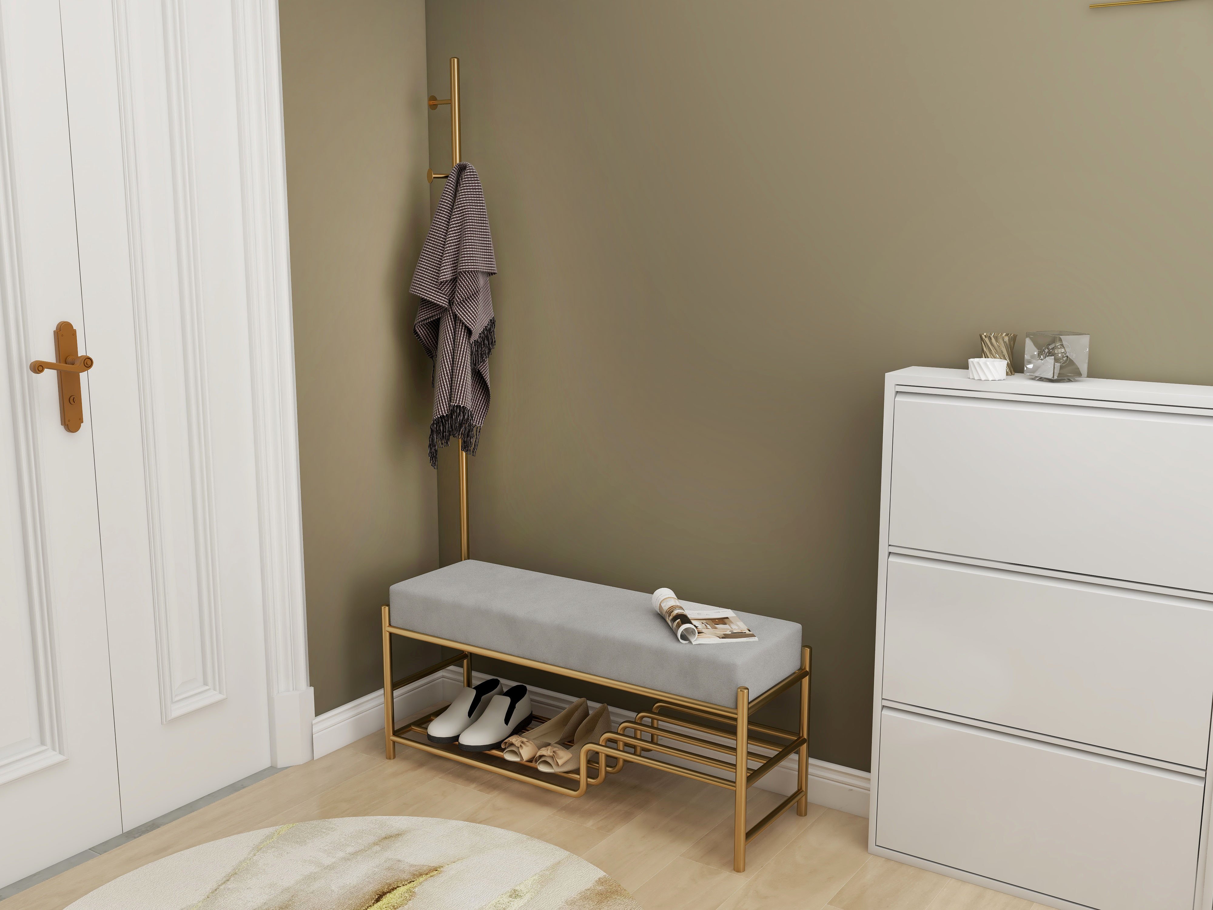 HMR - Velvet Shoe Storage Bench with Coat Tree 39" in Gray