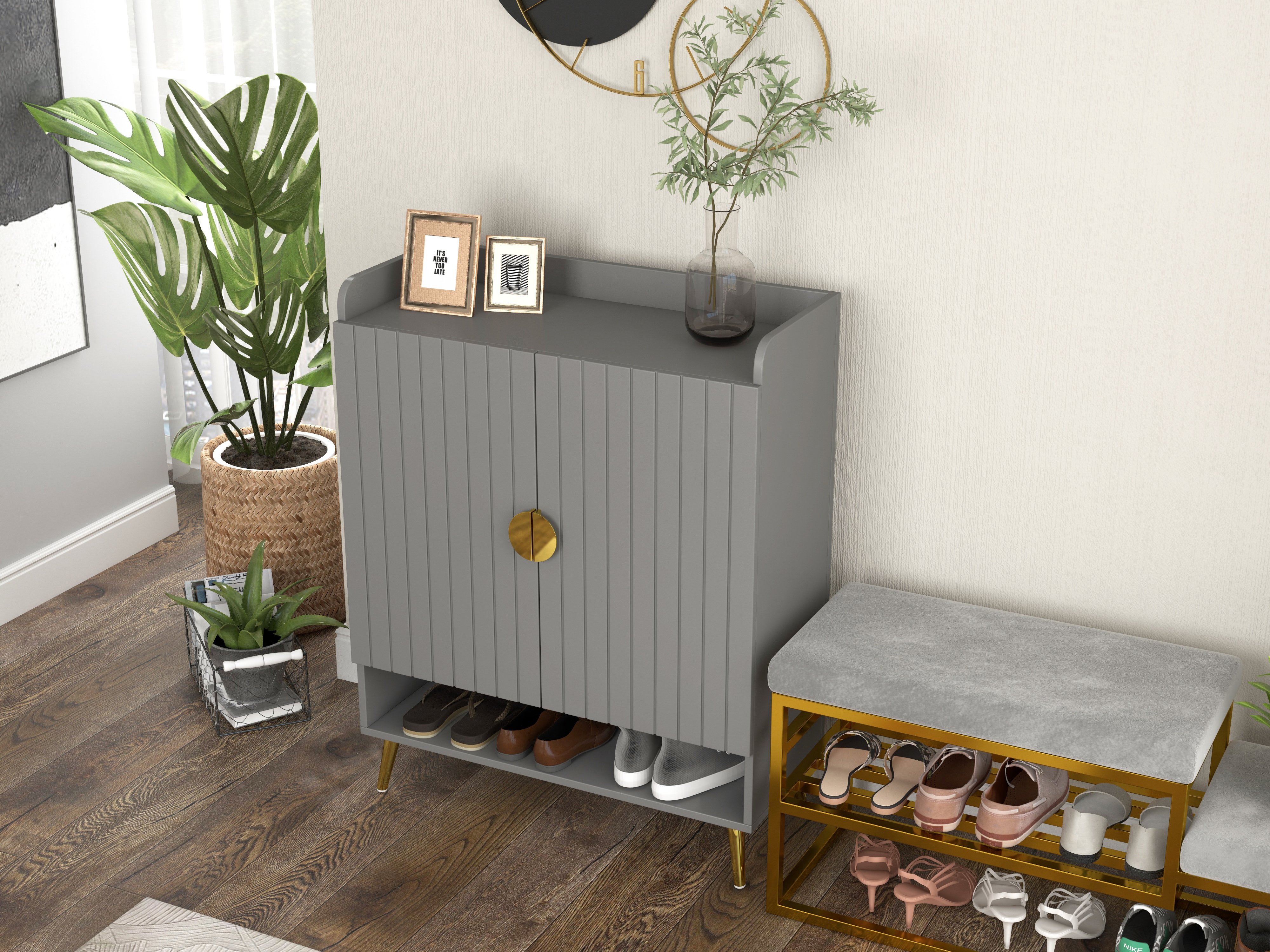 HMR - Modern Velvet Upholstered Bench in Gray