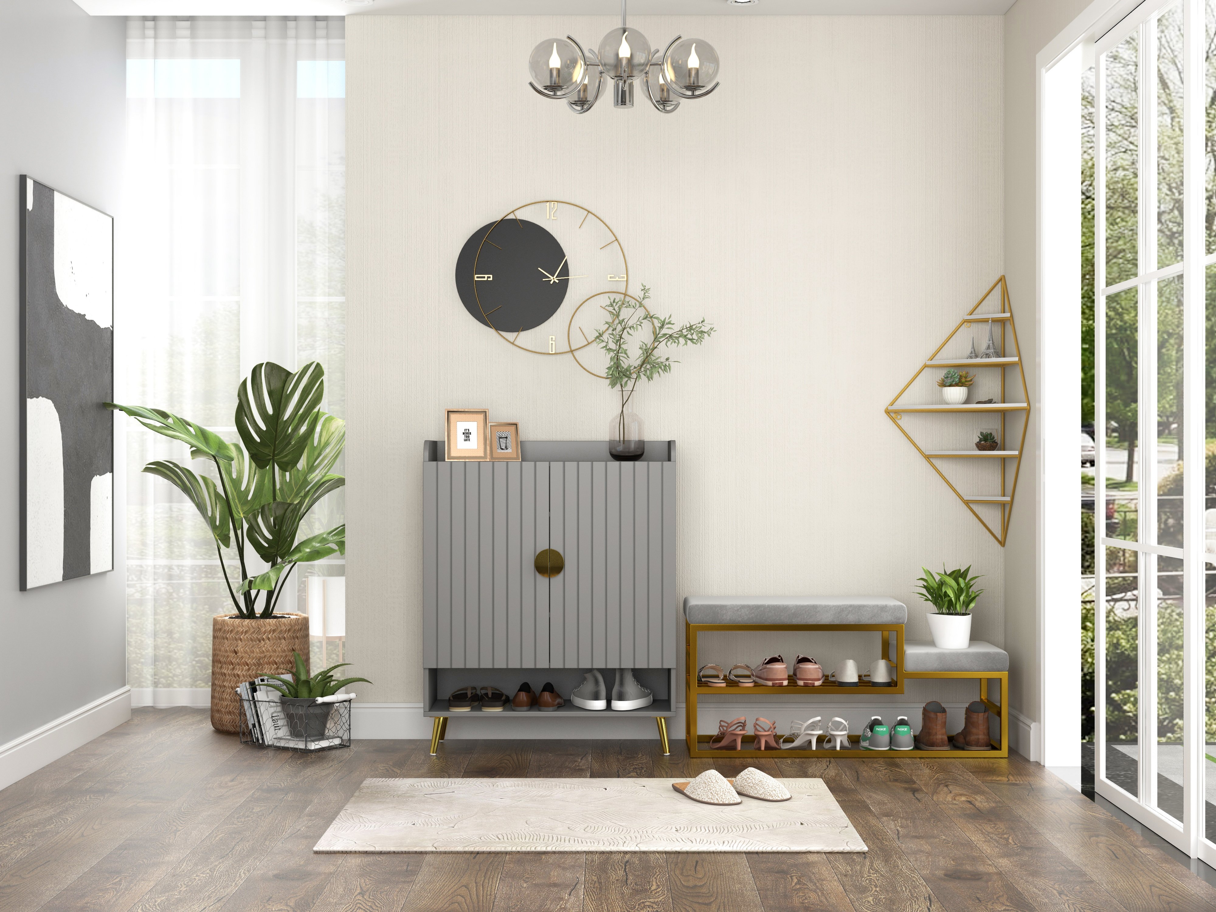HMR - Modern Velvet Upholstered Bench in Gray