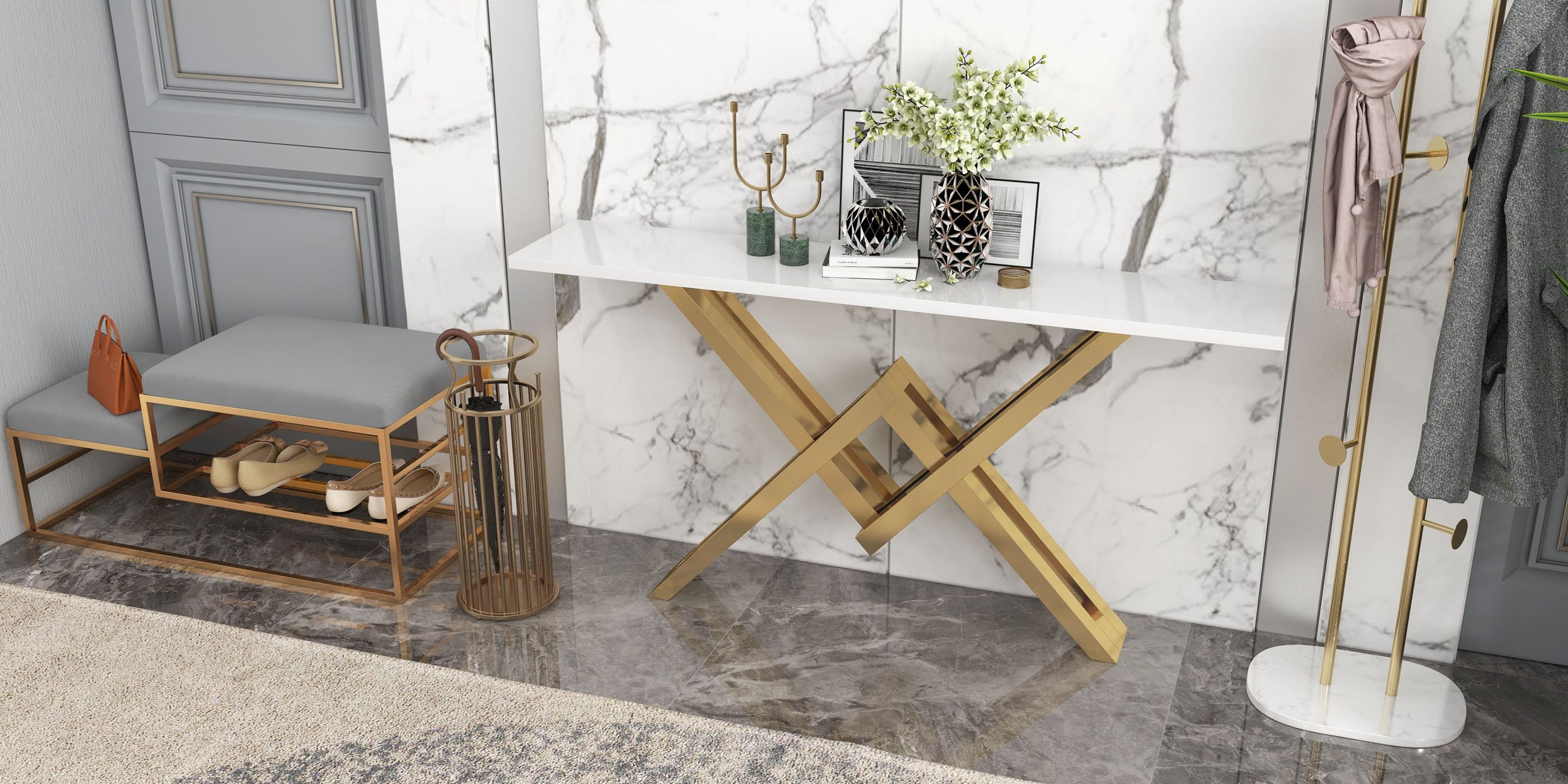HMR - Modern Velvet Upholstered Bench in Gray