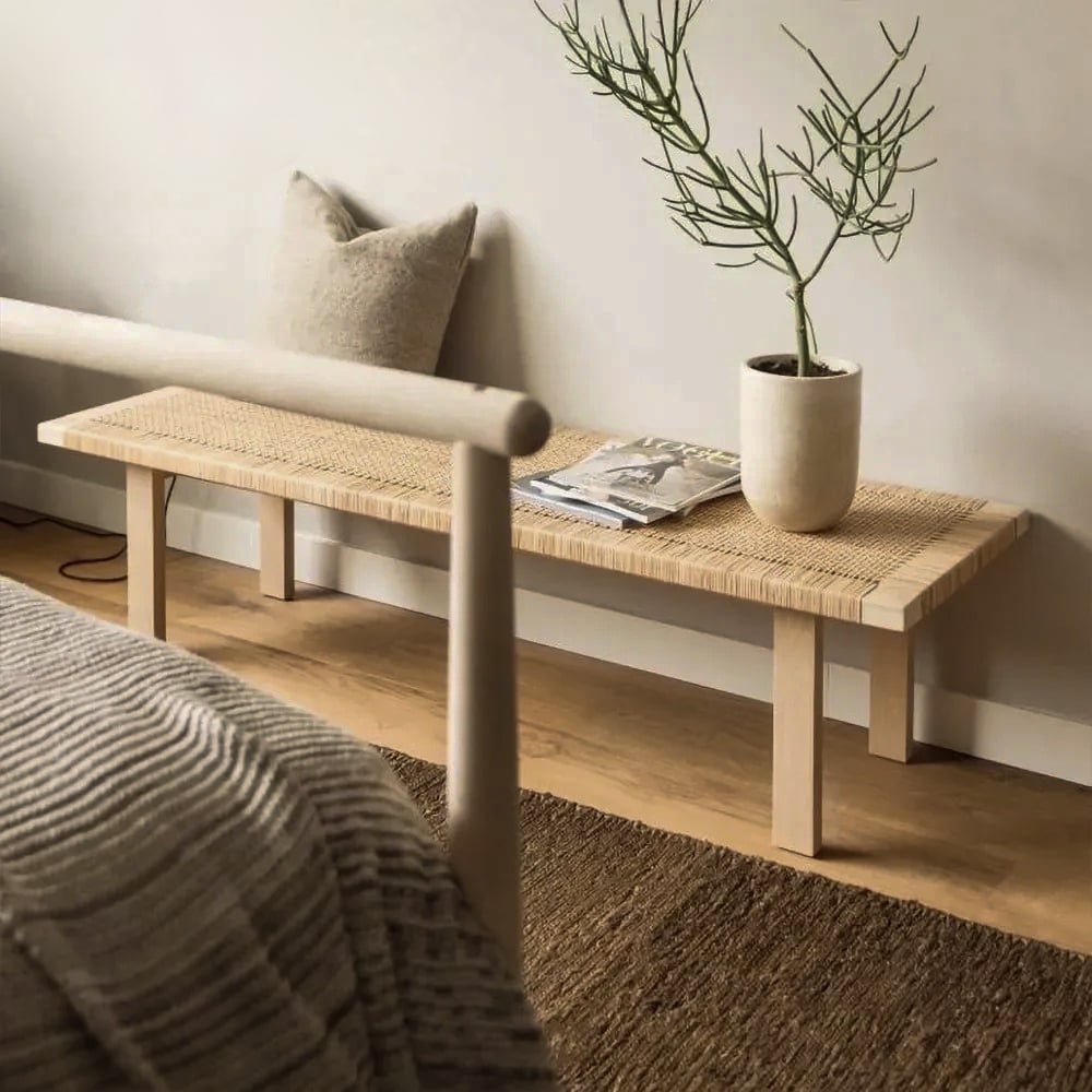 HMR - Farmhouse Woven Rattan Entryway Bench in Natural