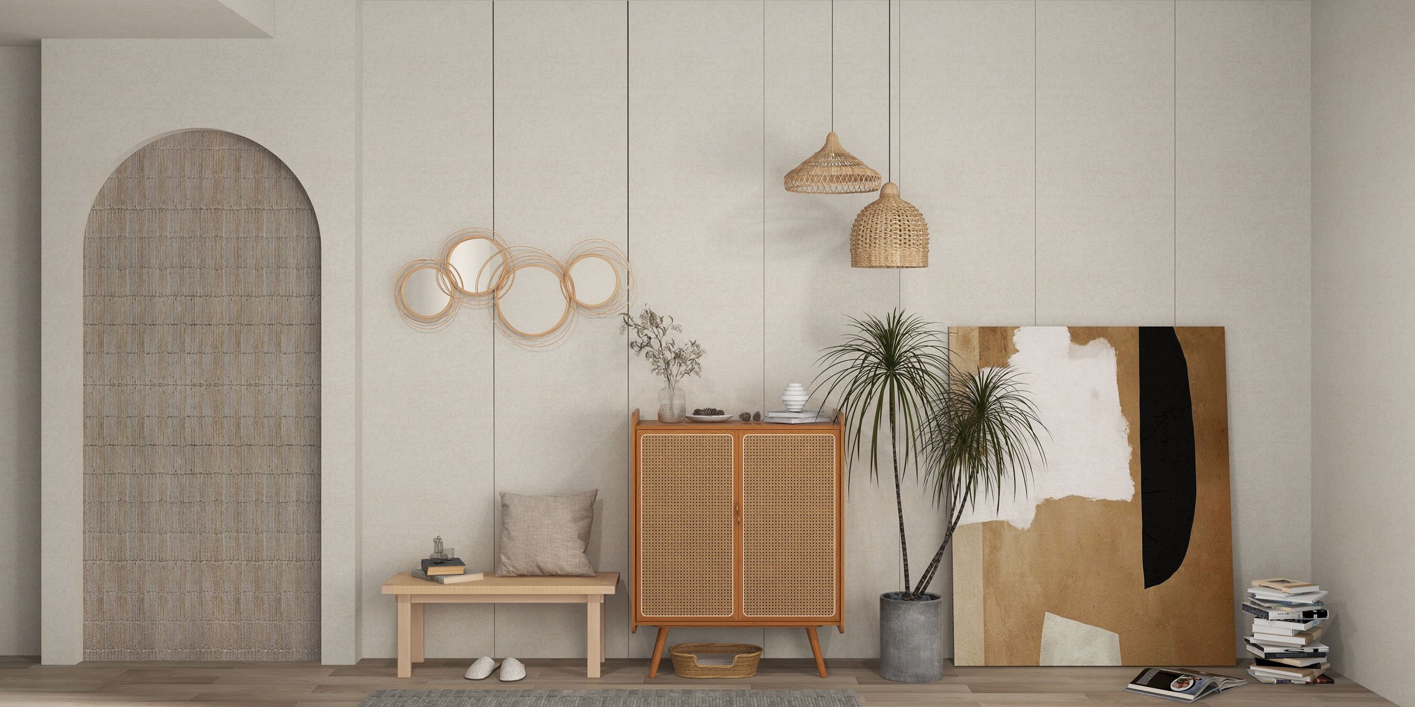 HMR - Farmhouse Woven Rattan Entryway Bench in Natural