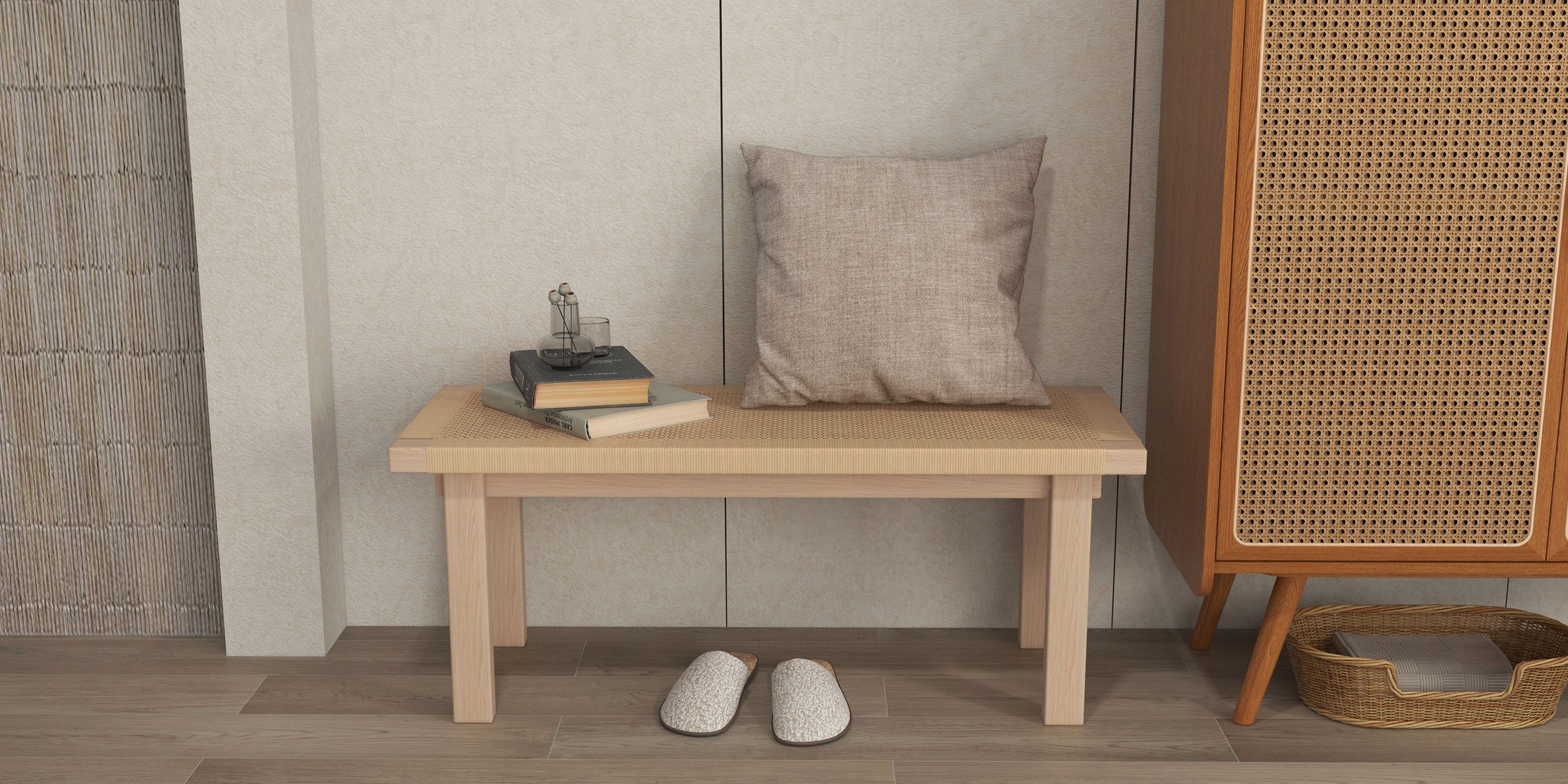 HMR - Farmhouse Woven Rattan Entryway Bench in Natural