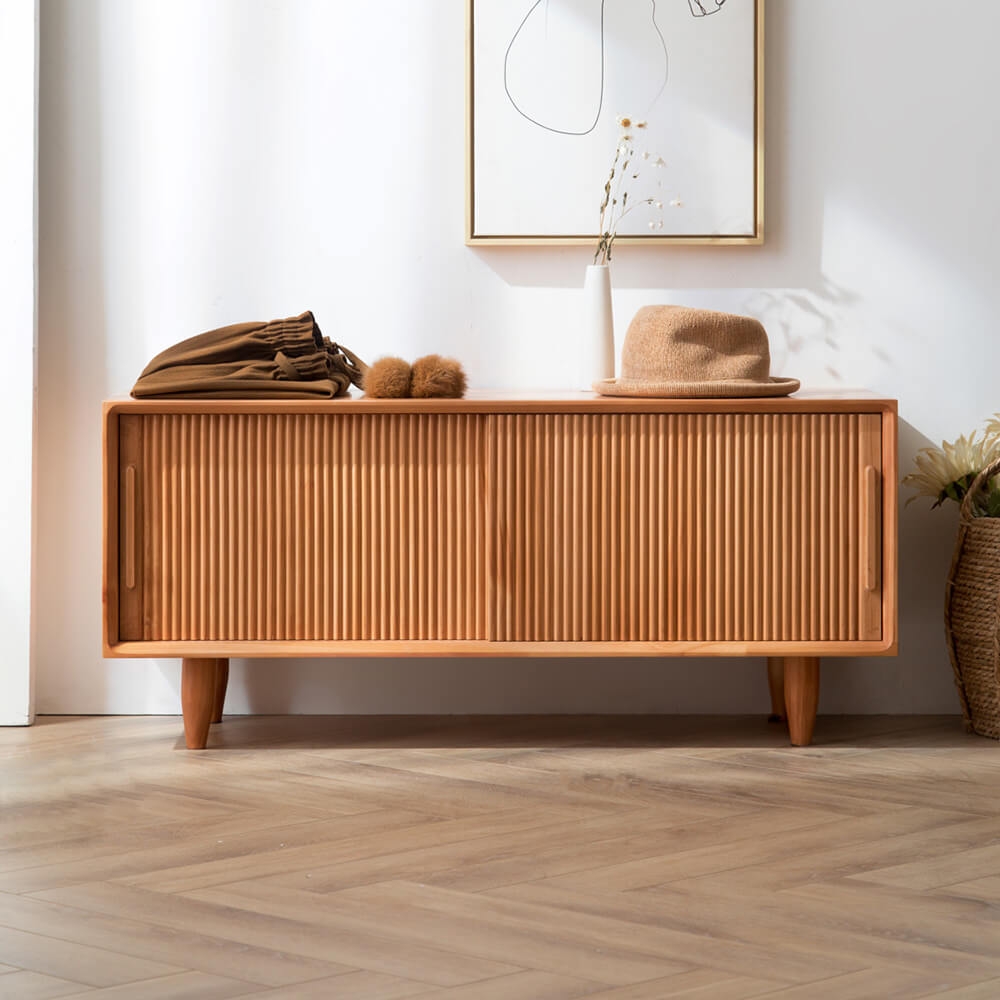 HMR 39.4" Modern Wooden Storage Bench with Storage Sliding Doors Shelf Pine Wood - Natural