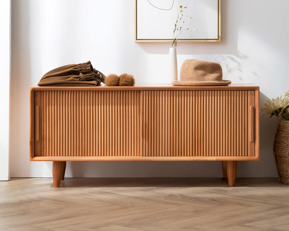 HMR 39.4" Modern Wooden Storage Bench with Storage Sliding Doors Shelf Pine Wood - Natural