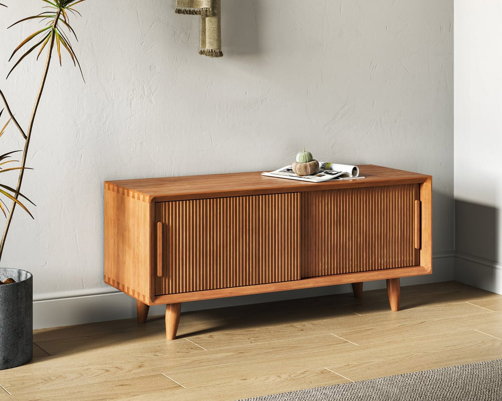 HMR 39.4" Modern Wooden Storage Bench with Storage Sliding Doors Shelf Pine Wood - Natural
