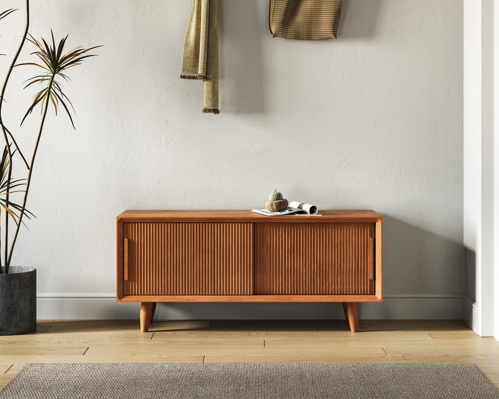 HMR 39.4" Modern Wooden Storage Bench with Storage Sliding Doors Shelf Pine Wood - Natural