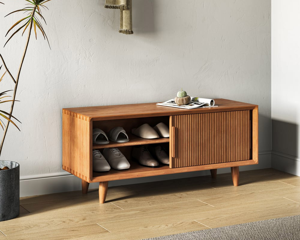 HMR 39.4" Modern Wooden Storage Bench with Storage Sliding Doors Shelf Pine Wood - Natural