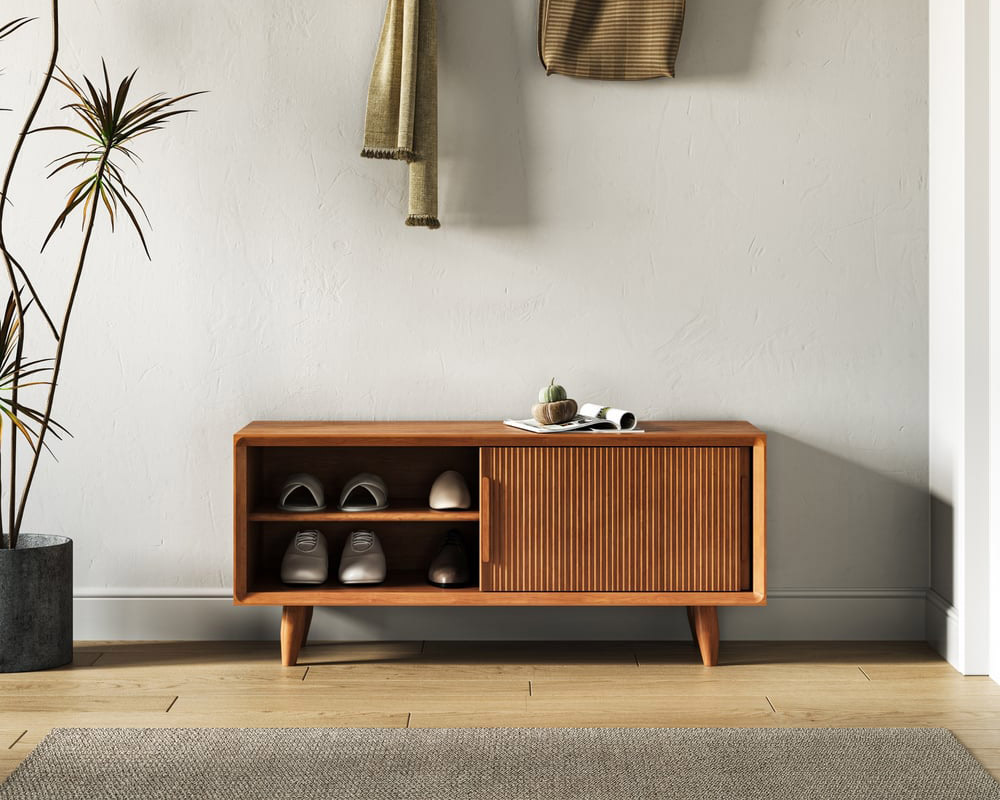 HMR 39.4" Modern Wooden Storage Bench with Storage Sliding Doors Shelf Pine Wood - Natural