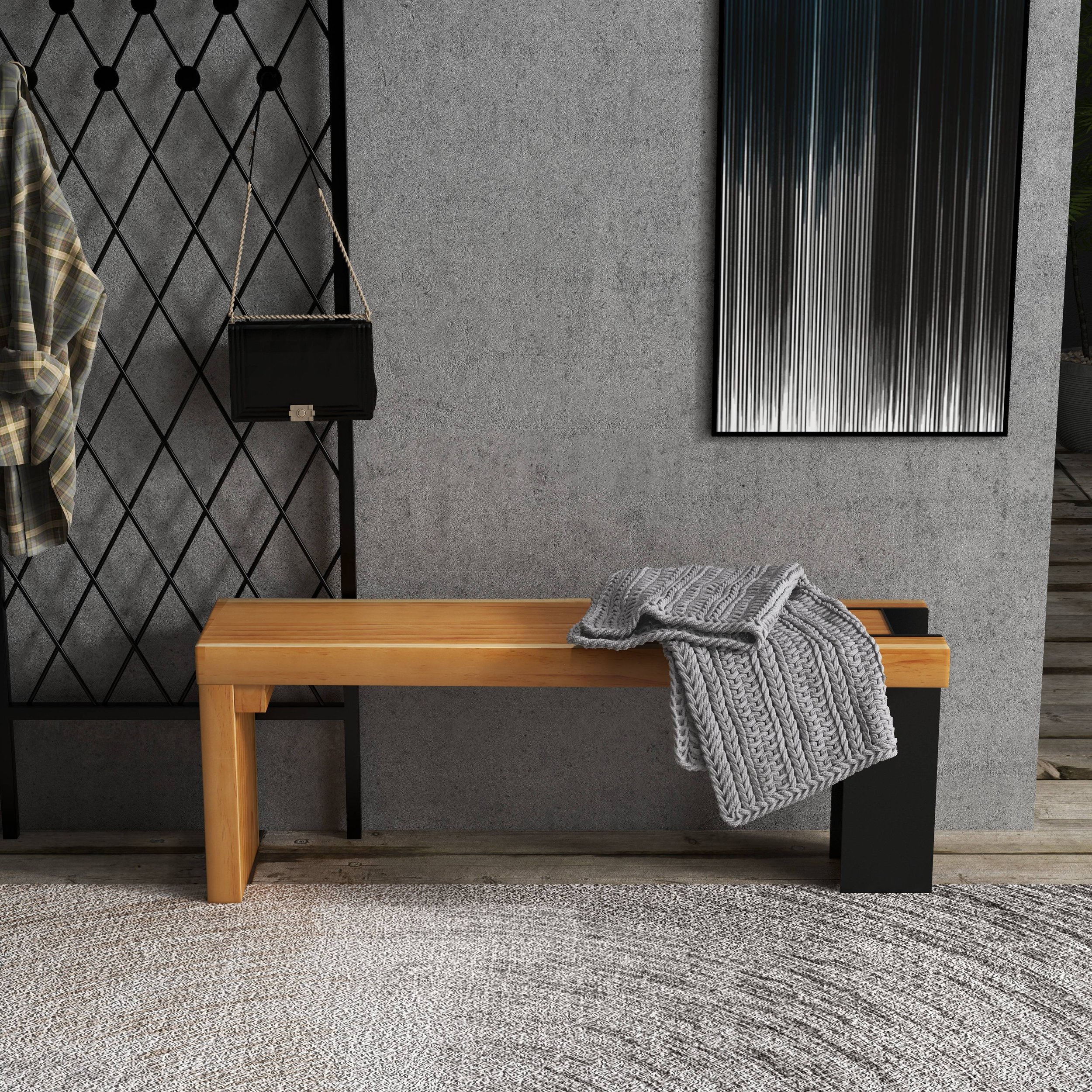 HMR - Retro Bench Entryway Bench with Metal Legs in Natural