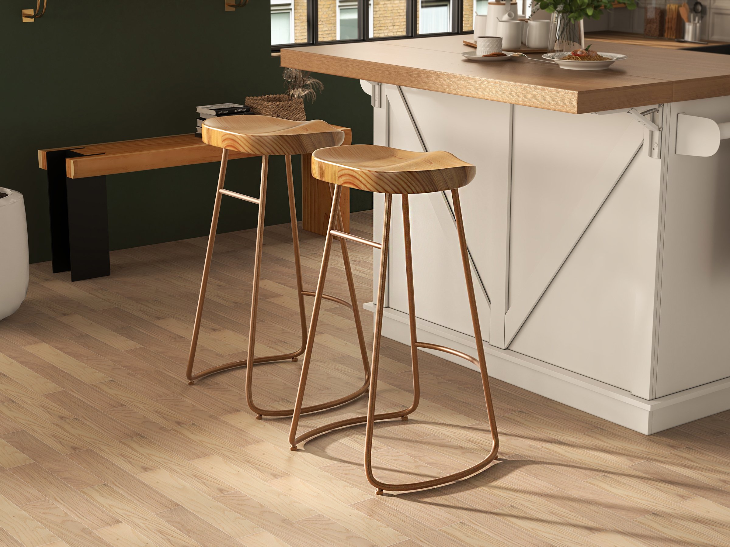 HMR - Retro Bench Entryway Bench with Metal Legs in Natural