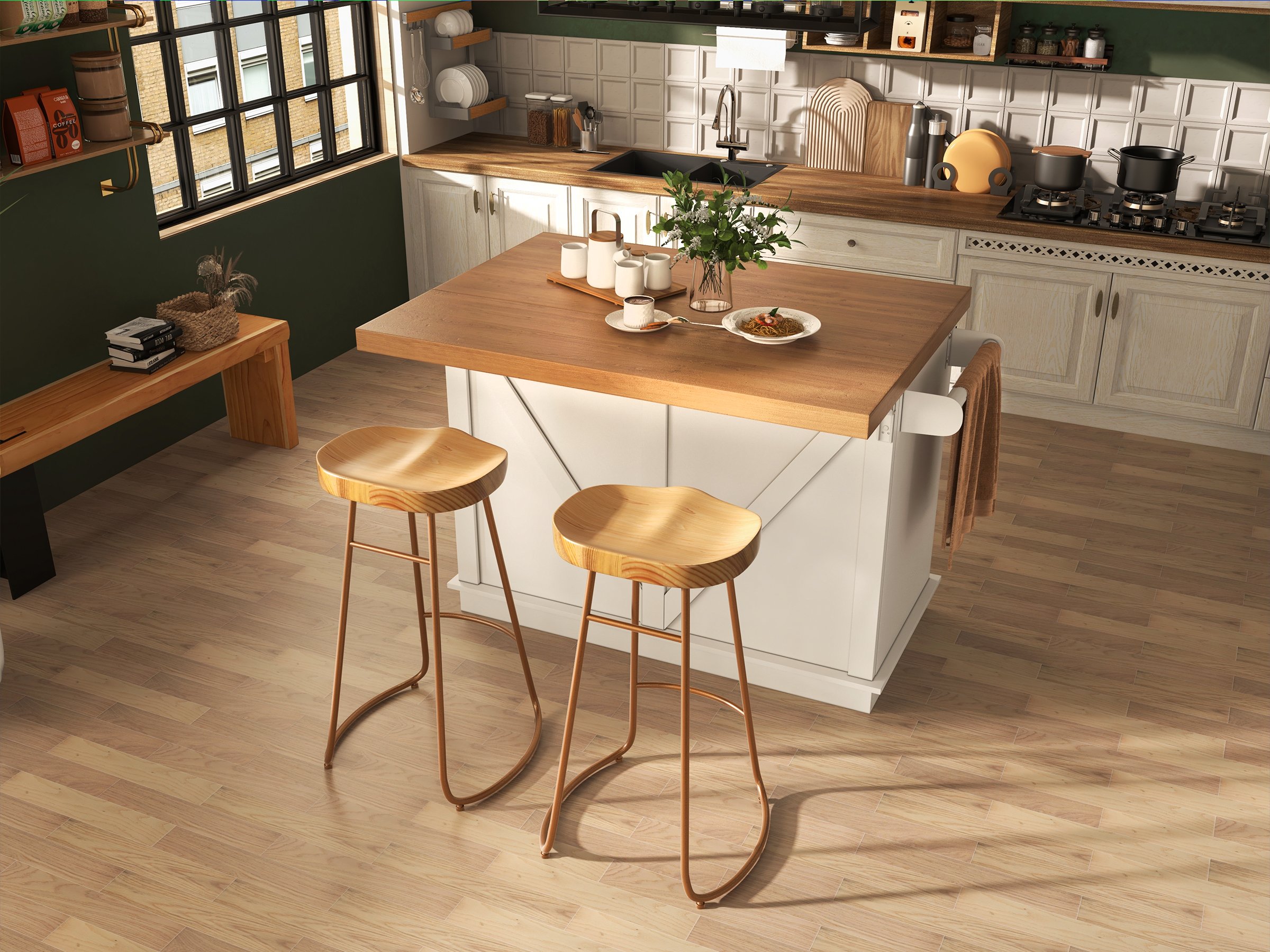 HMR - Retro Bench Entryway Bench with Metal Legs in Natural