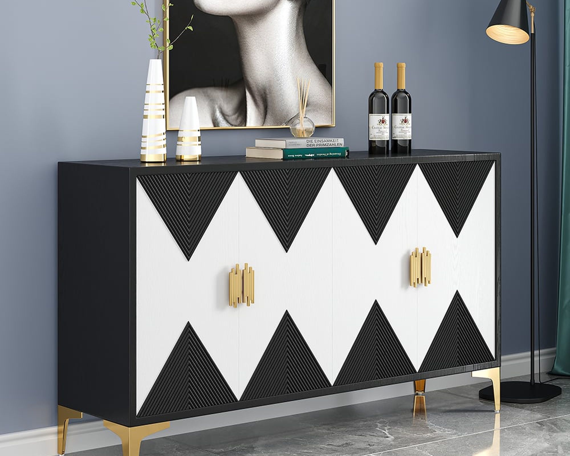 HMR Wovuna Series Sideboard Buffet with 4 Doors & 6 Shelves - White/Black, Large