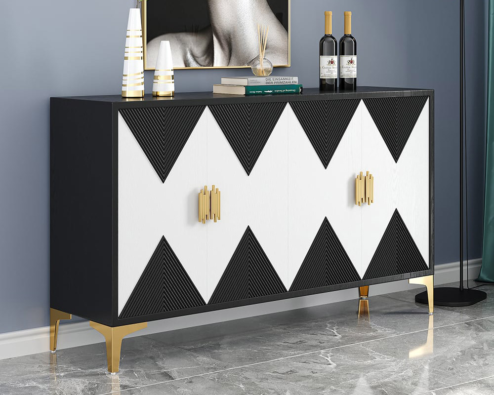 HMR Wovuna Series Sideboard Buffet with 4 Doors & 6 Shelves - White/Black, Large