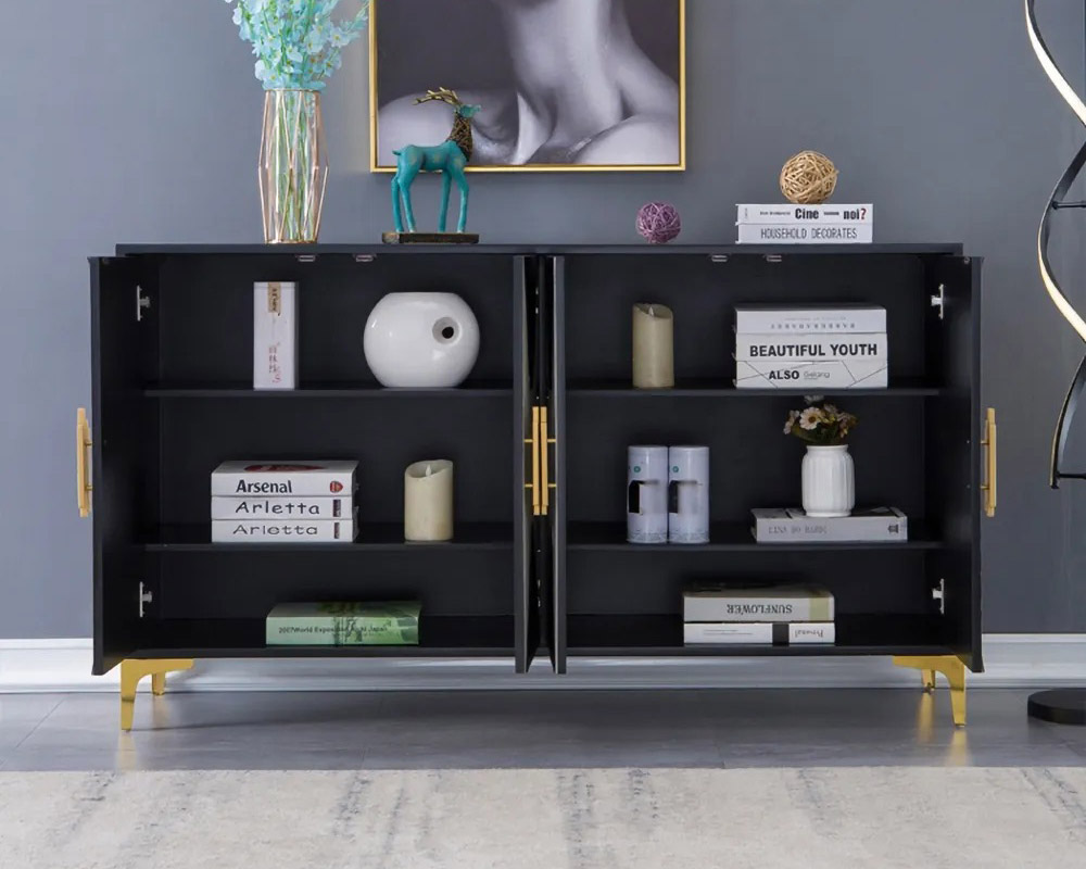 HMR Wovuna Series Sideboard Buffet with 4 Doors & 6 Shelves - White/Black, Large