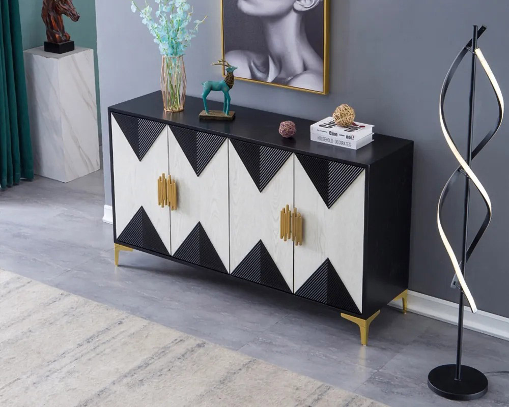 HMR Wovuna Series Sideboard Buffet with 4 Doors & 6 Shelves - White/Black, Large