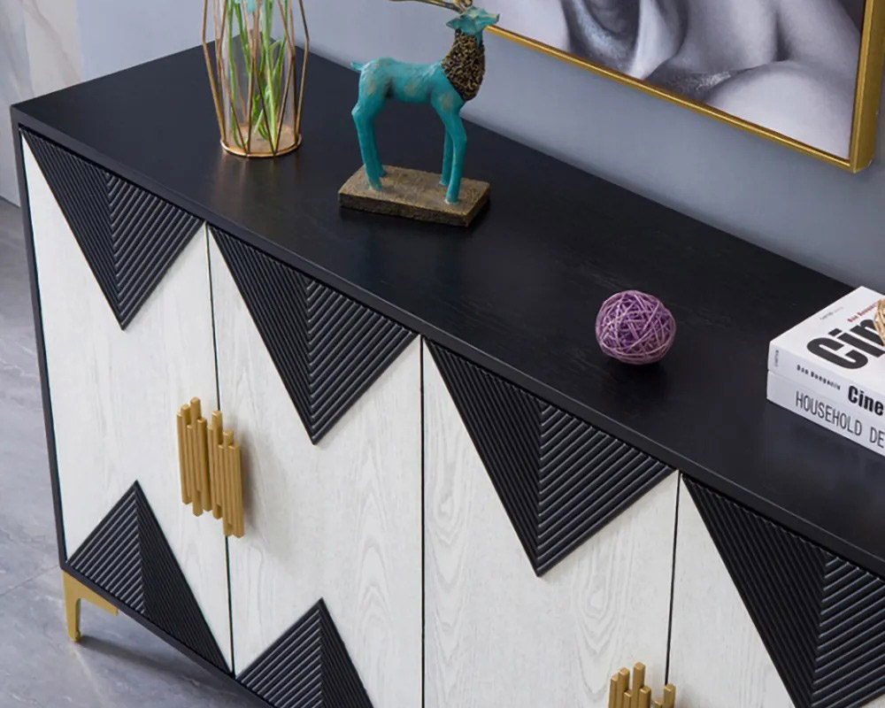 HMR Wovuna Series Sideboard Buffet with 4 Doors & 6 Shelves - White/Black, Large