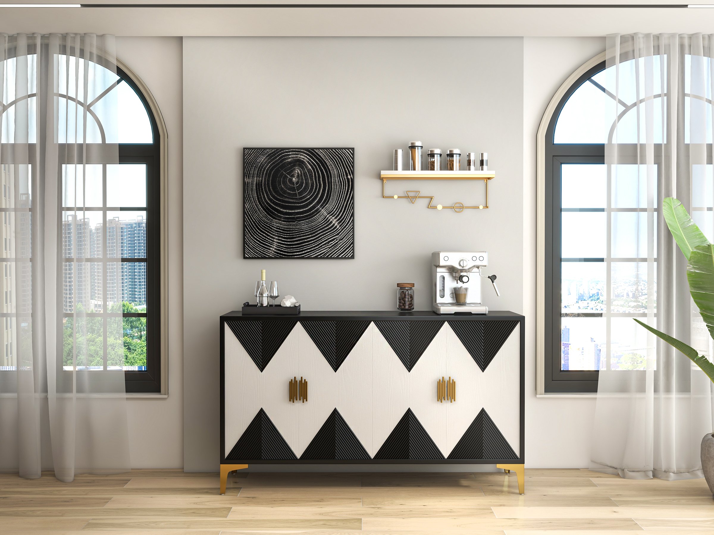 HMR Wovuna Series Sideboard Buffet with 4 Doors & 6 Shelves - White/Black, Large