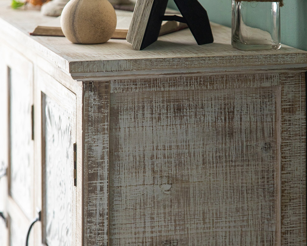 HMR - Farmhouse Cabinet Artistic Surface with 2 Doors 2 Drawers 2 Shelves in Distressed White