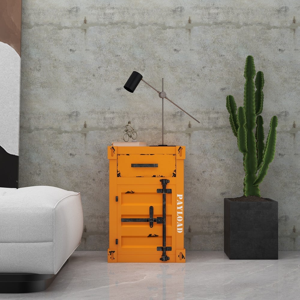HMR Ctainer Industrial Nightstand Retro Bedside Storage Cabinet with Door & Drawer - Orange