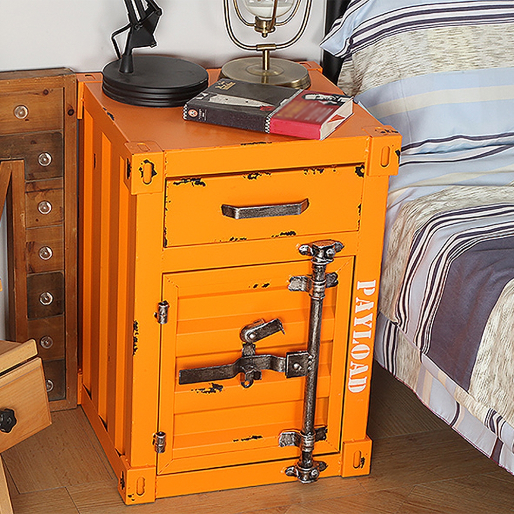 HMR Ctainer Industrial Nightstand Retro Bedside Storage Cabinet with Door & Drawer - Orange