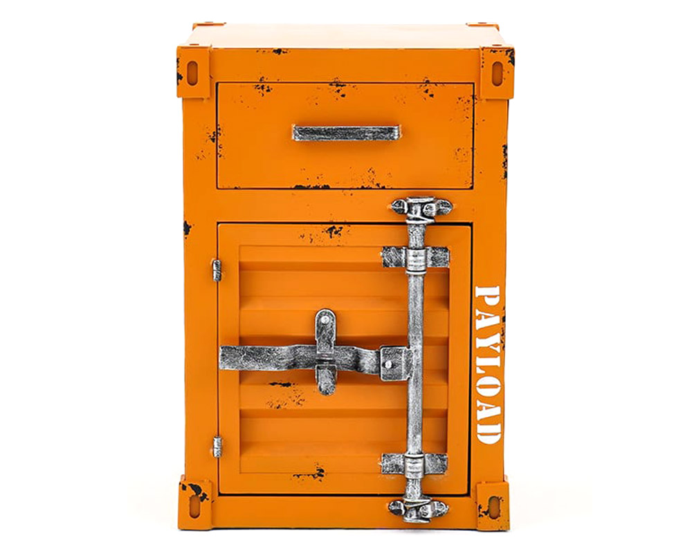 HMR Ctainer Industrial Nightstand Retro Bedside Storage Cabinet with Door & Drawer - Orange