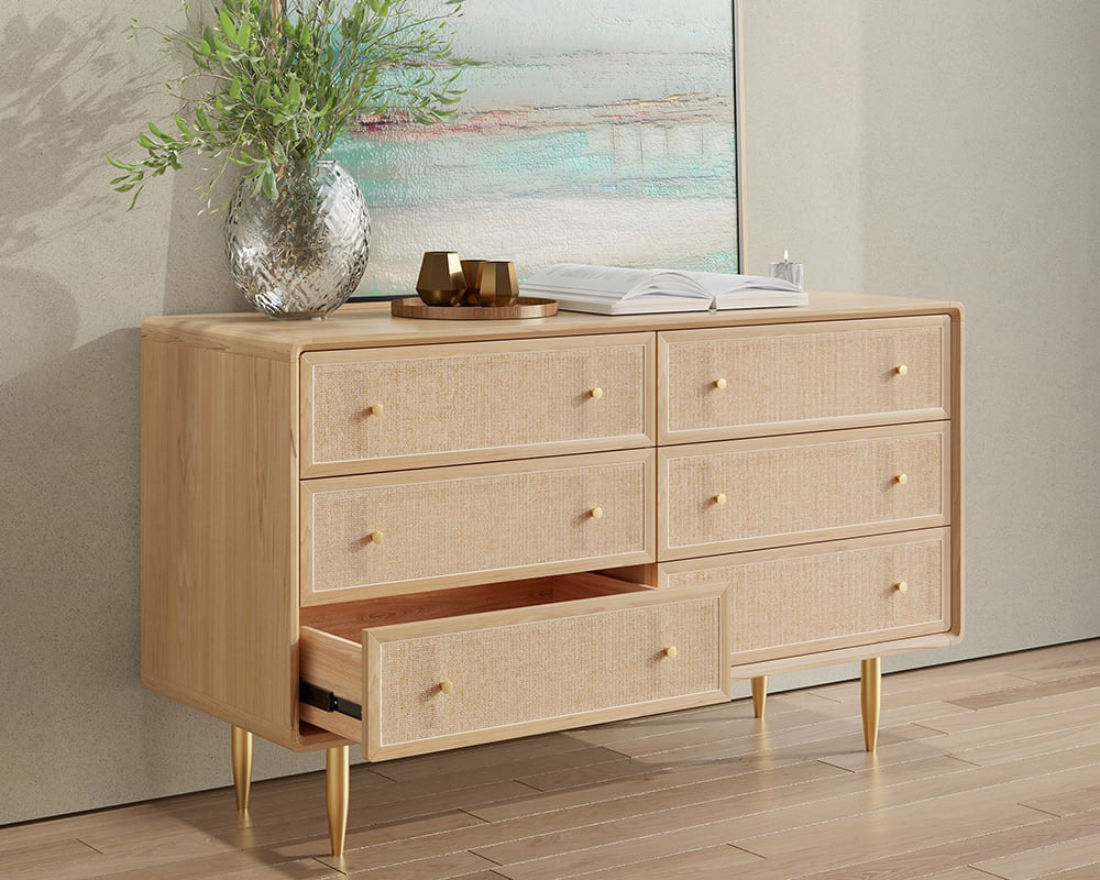 HMR - Dresser with 6 Drawers Rattan Woven in 53"W, Natural, Gold