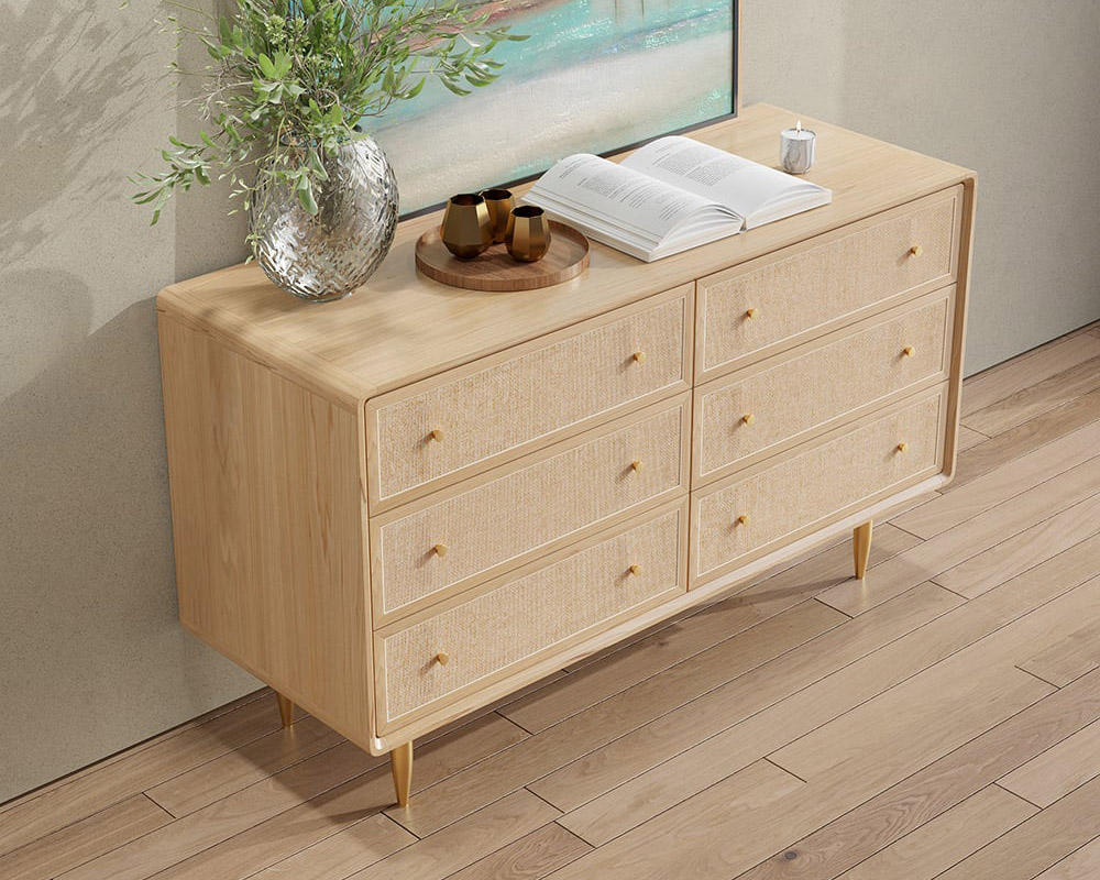 HMR - Dresser with 6 Drawers Rattan Woven in 53"W, Natural, Gold