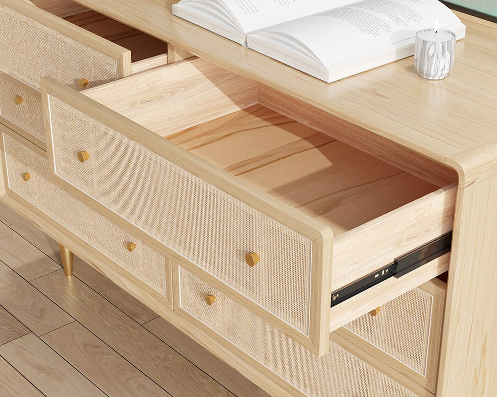 HMR - Dresser with 6 Drawers Rattan Woven in 53"W, Natural, Gold