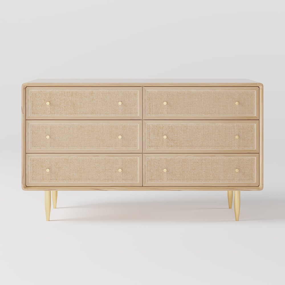 HMR - Dresser with 6 Drawers Rattan Woven in 53"W, Natural, Gold