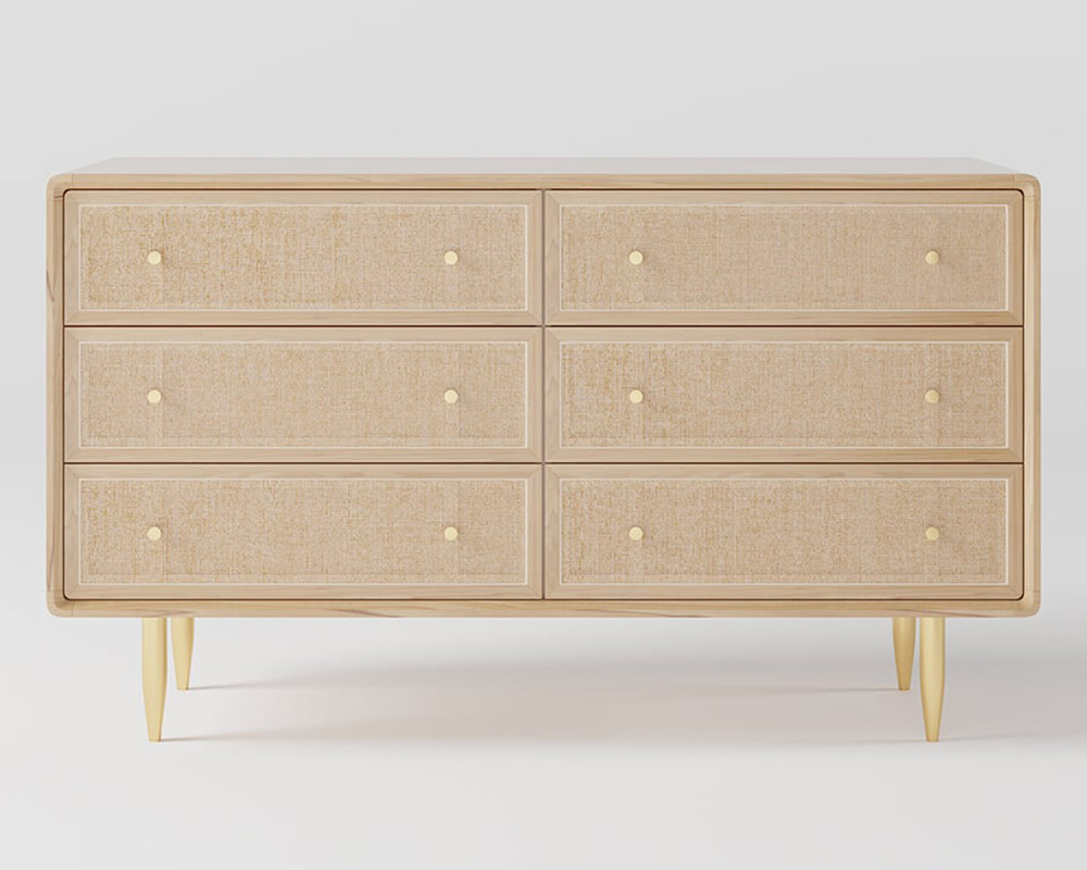 HMR - Dresser with 6 Drawers Rattan Woven in 53"W, Natural, Gold