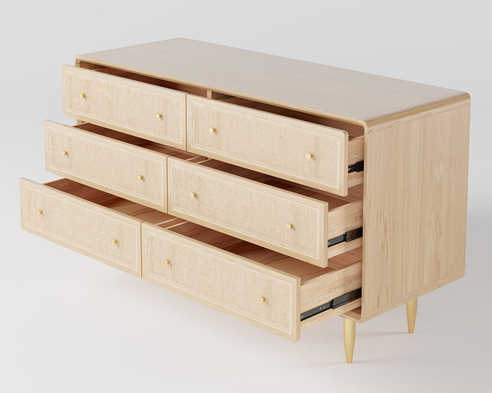 HMR - Dresser with 6 Drawers Rattan Woven in 53"W, Natural, Gold
