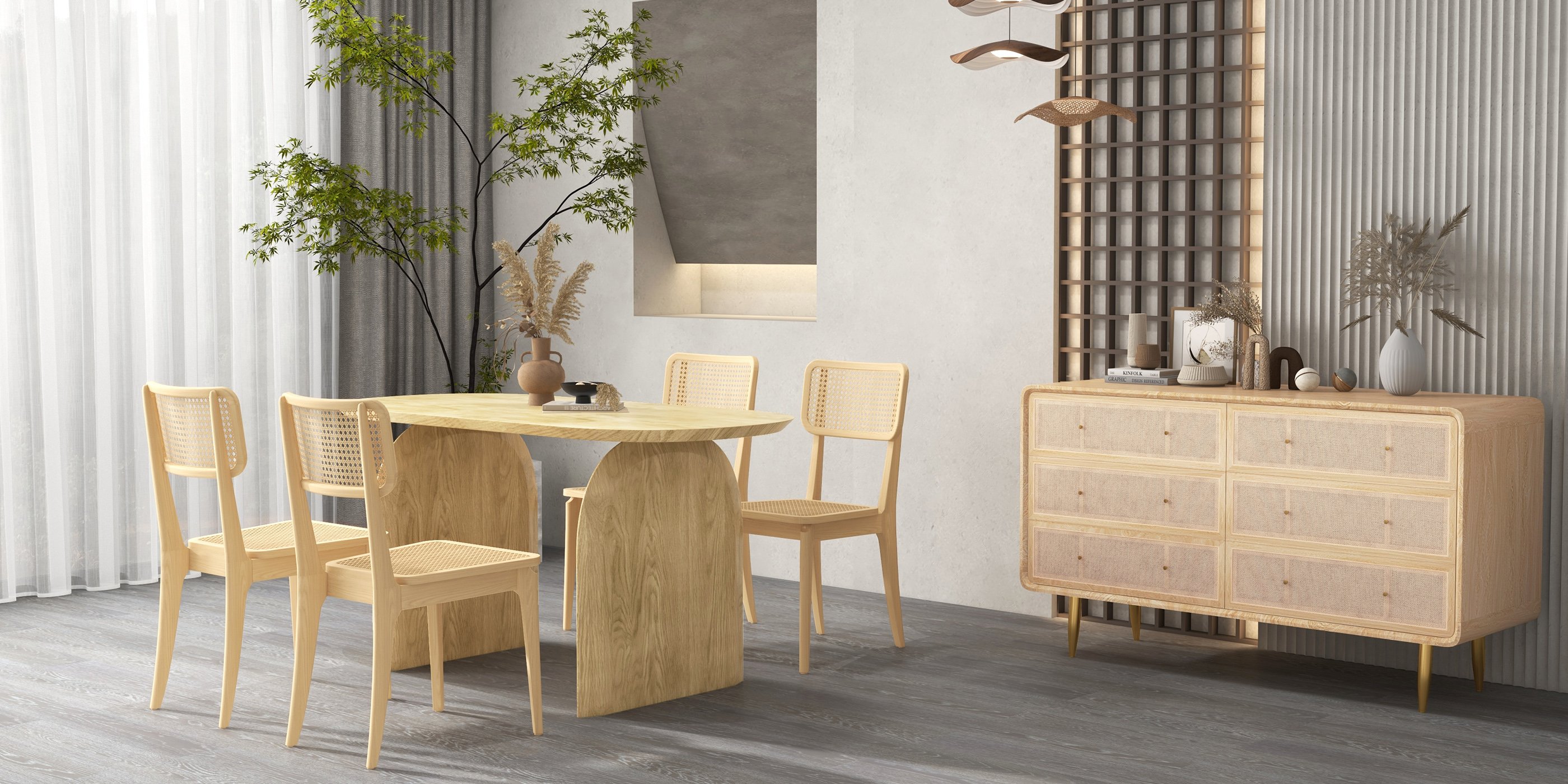 HMR - Dresser with 6 Drawers Rattan Woven in 53"W, Natural, Gold