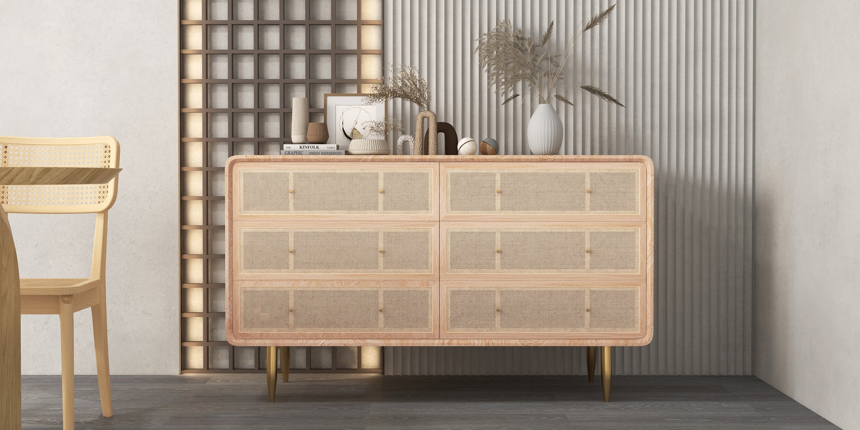 HMR - Dresser with 6 Drawers Rattan Woven in 53"W, Natural, Gold